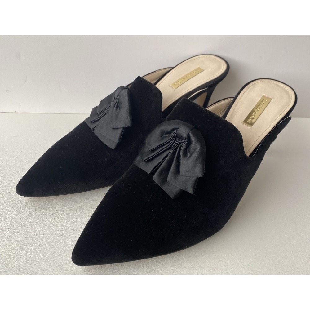 Louise et Cie Katerina Black Velvet Bow Mules Pointed Toe Kitten Heels Size 10